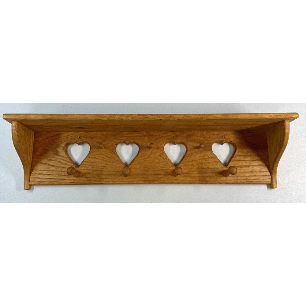 Vintage Cottage Farmhouse 4 Heart Cutout 7 Peg Shelf 28″ Rustic Wooden Wall Rack